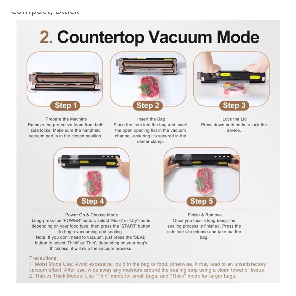 EEUZ Vacuum Sealer 2 IN 1 Handheld Automatic‎ Food Sealer 40 Bags Black - Picture 3 of 9